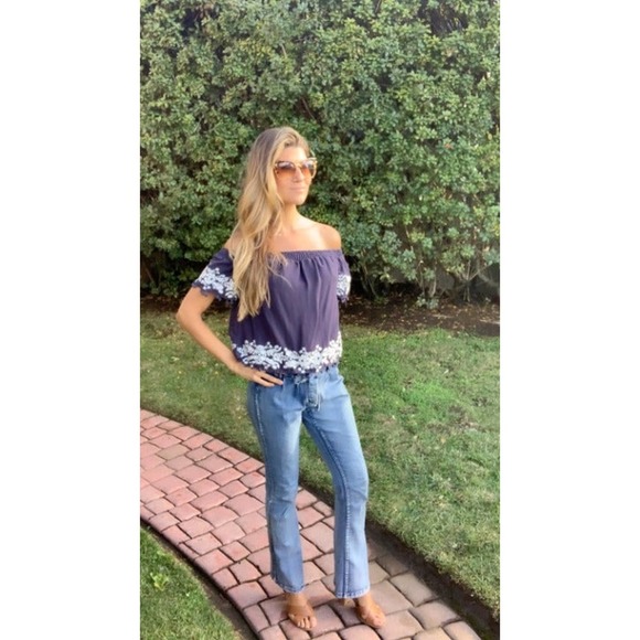 Blue Rain navy blue off the shoulder top with white embroidery - Picture 3 of 11